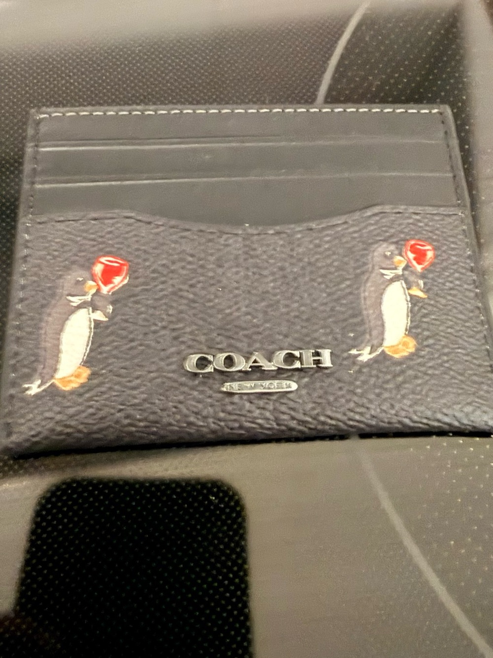 COACH Black Leather Card Holder with Penguin Balloon Motif - NWT Limited Edition
